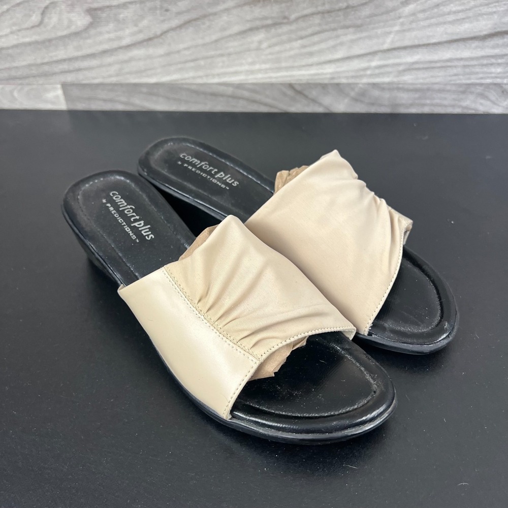 Comfort Plus By Predictions Wedge Sandals Womens Size 10W Cream Open Toe Slip On